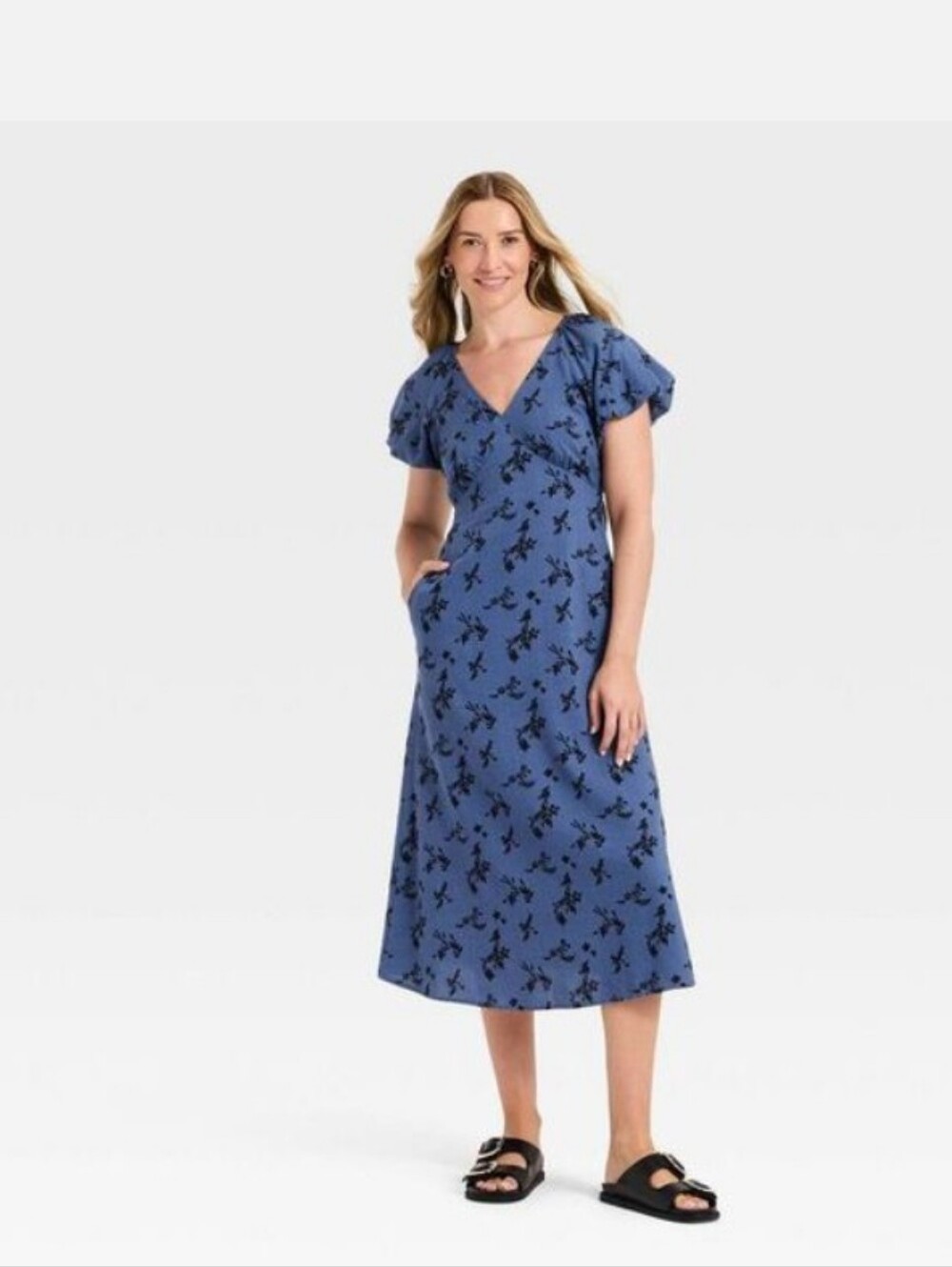 Universal Thread Puff Sleeve V-Neck Blue Floral Midi Dress M